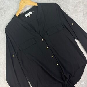 Calvin Klein Women's Black Long Sleeve Tie Front Blouse Gold Button Pockets Sz L